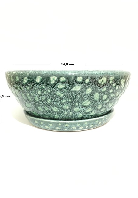 Seramik Drenaj Delikli Tabaklı Özel Tasarım Üç Renk Bonsai Saksısı 24.5 Cm