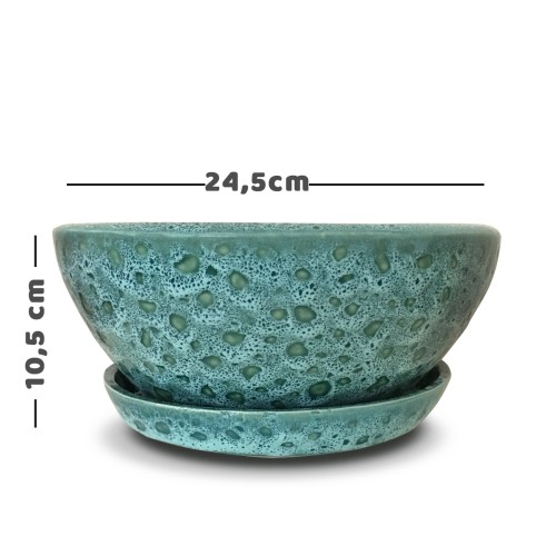 Seramik Drenaj Delikli Tabaklı Özel Tasarım Çift Renk Bonsai Saksısı 24.5 Cm